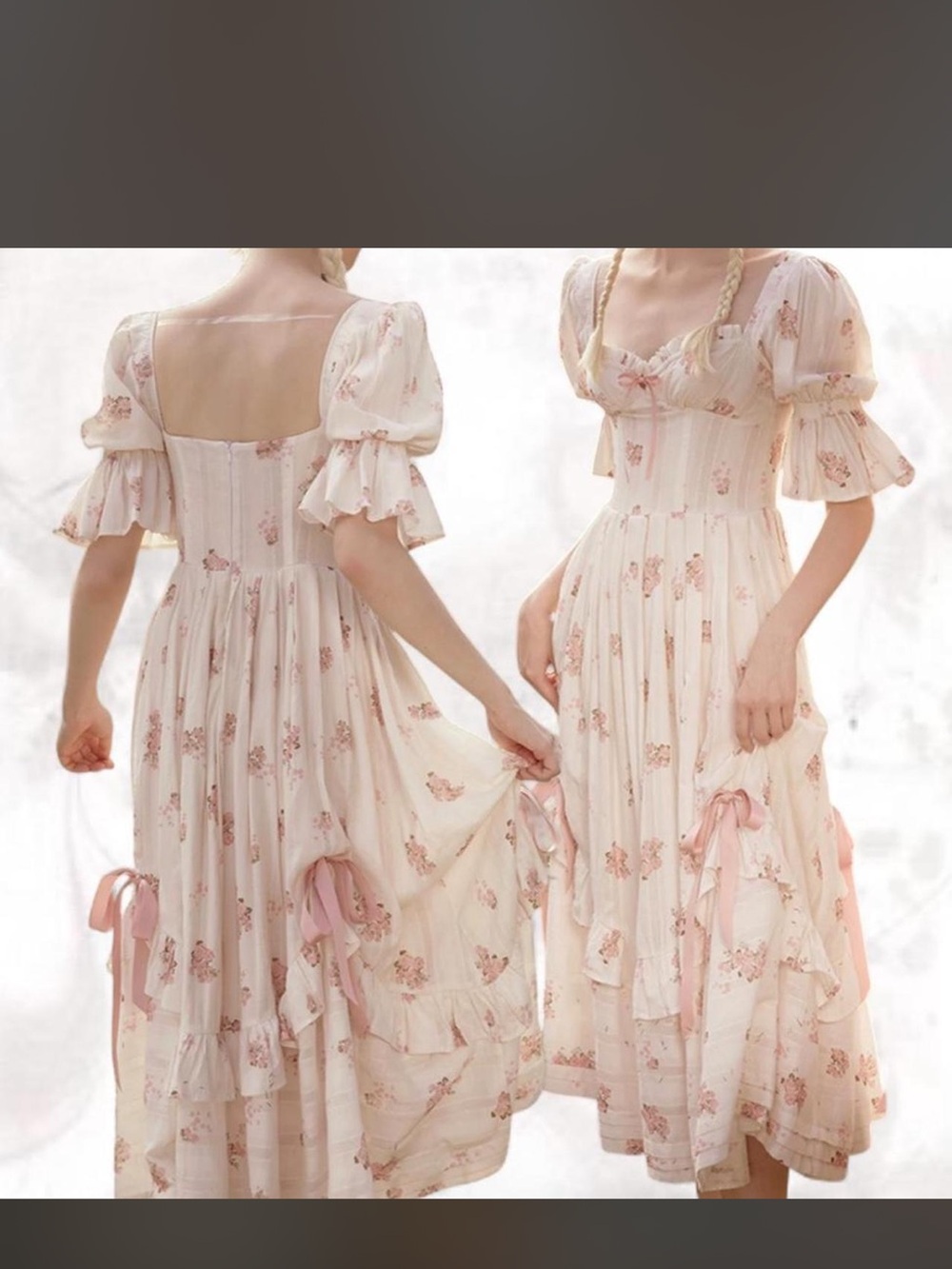 Vintage-Inspired Pink Floral Midi Dress with Puff Sleeves